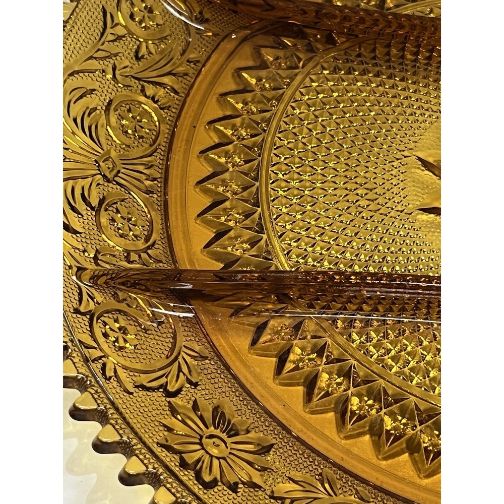 Vtg Tiara Indiana Sandwich Pattern Amber Round Divided Vegetable Platter (897) - Picture 7 of 10